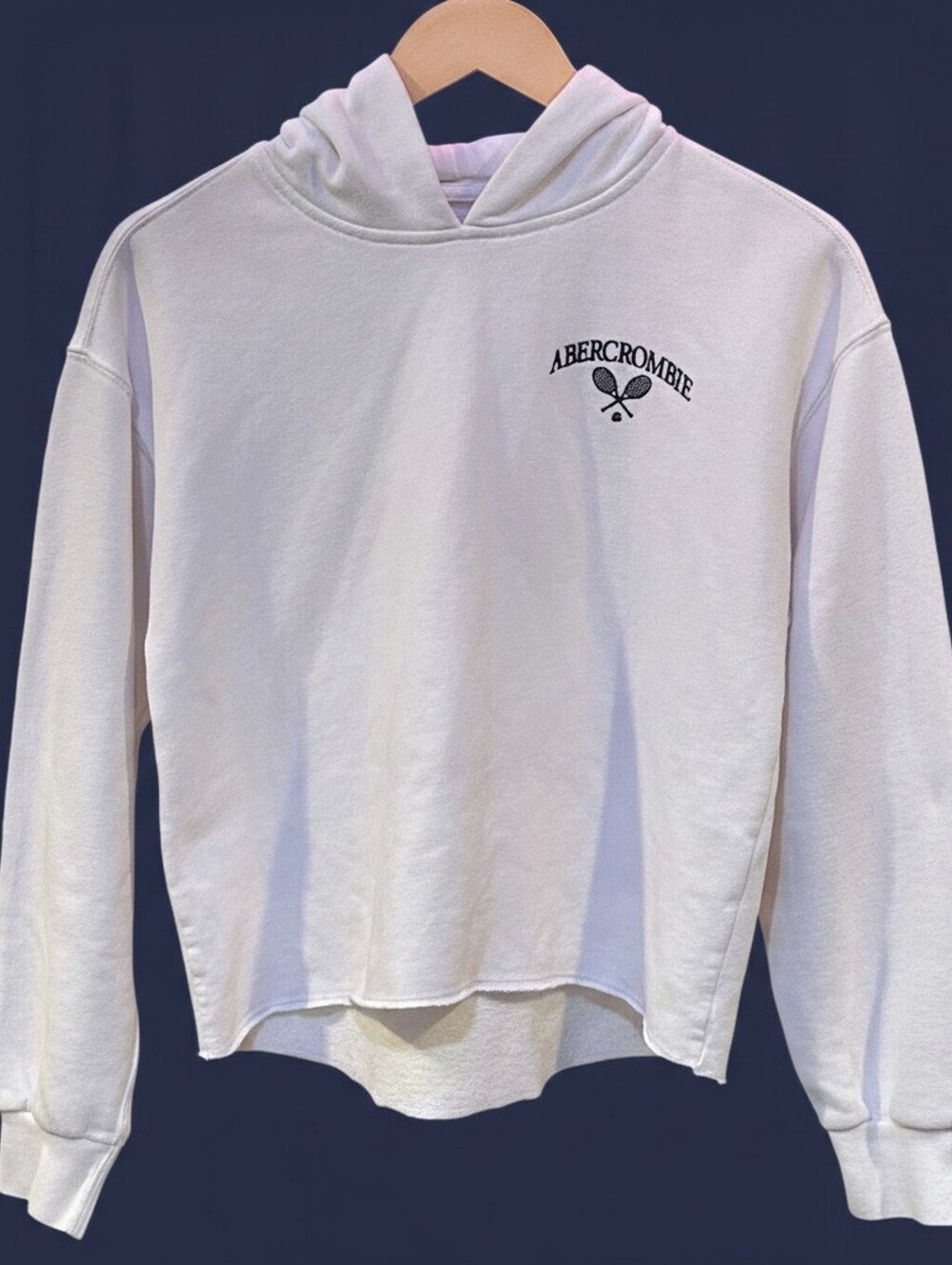 Abercrombie & Fitch XS White Hoodie Tenniscore Cropped Pullover Tennis Racket